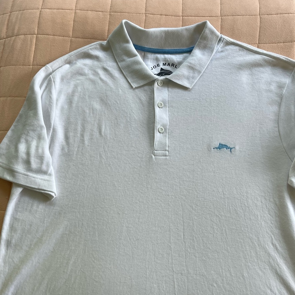 Joe Marlin White Polo Shirt Short Sleeve Blue Marlin Relaxed Fit Size Large